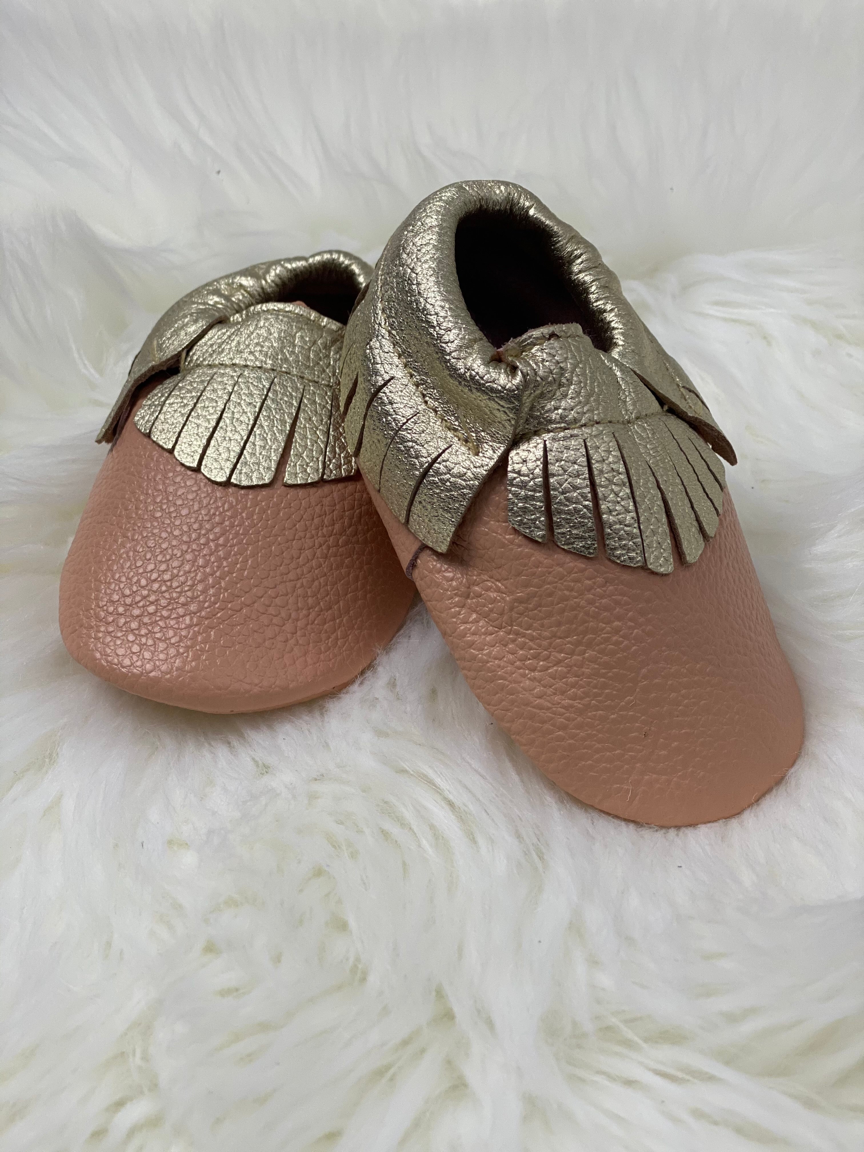 Pink and Gold Leather Moccasins